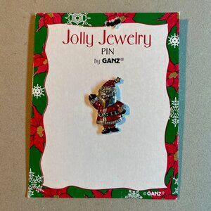 NOS Vtg Ganz Jolly Jewelry Santa Claus Pin Brooch Rhinestone Enamel Holiday